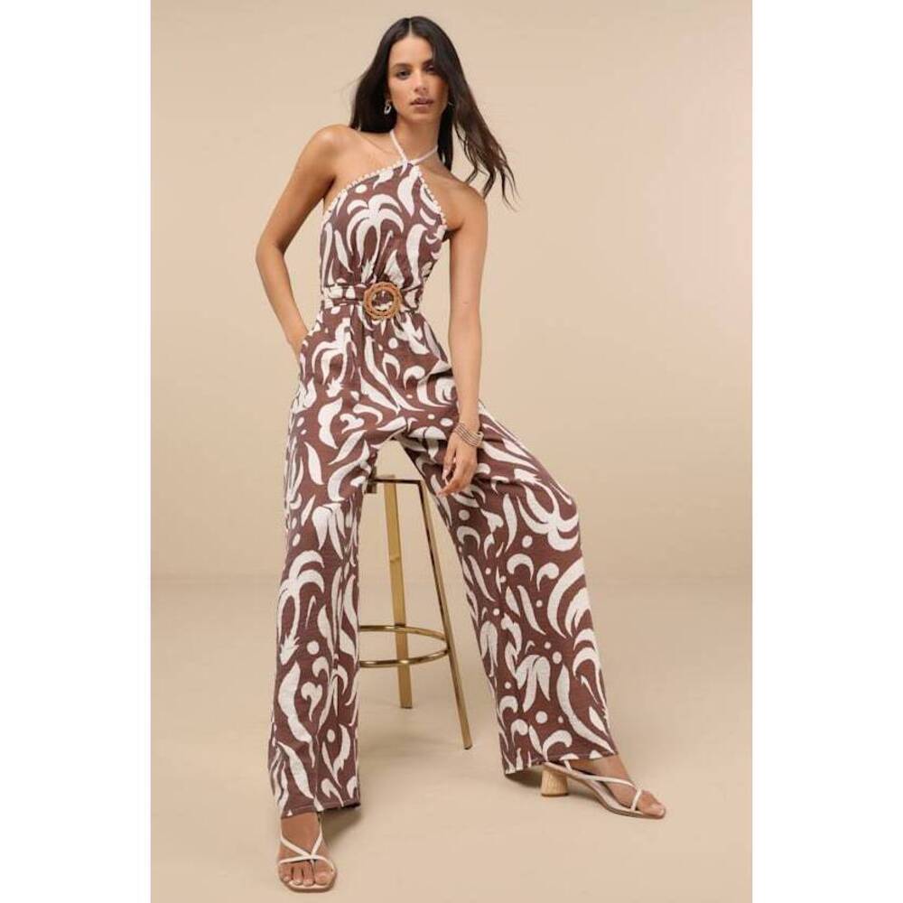 Lulus Palena Brown Abstract Print Halter Wide-leg Jumpsuit - Size XL